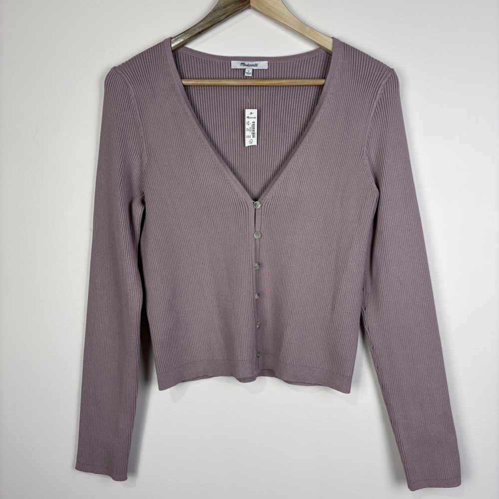 Madewell Mauve Ribbed Button‑Front V‑Neck Cardigan